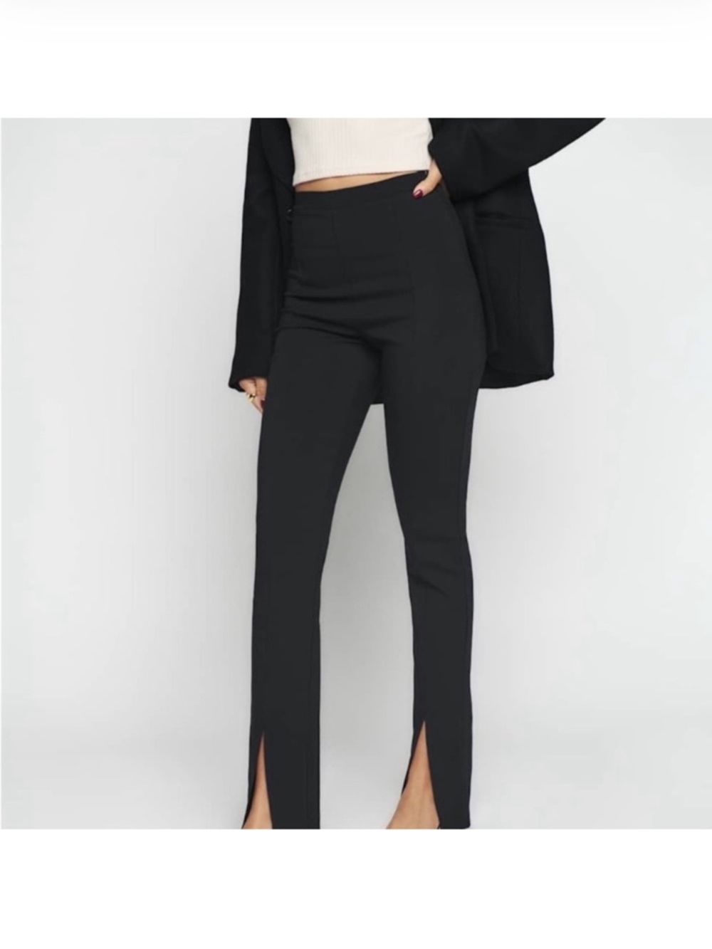Reformation Fletcher Black High-Rise Split-Hem Straight Leg Pants
